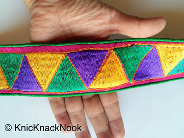 Green And Pink Fabric Trim With Green, Yellow And Purple Temple Border Embroidery Lace Trim, Approx. 50mm Wide - 200317L177